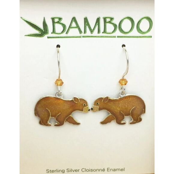 BAMBOO Jewelry - Brown Bear Dangle Earrings by Bamboo 925 Sterling Silver Hand painted Gift Boxed